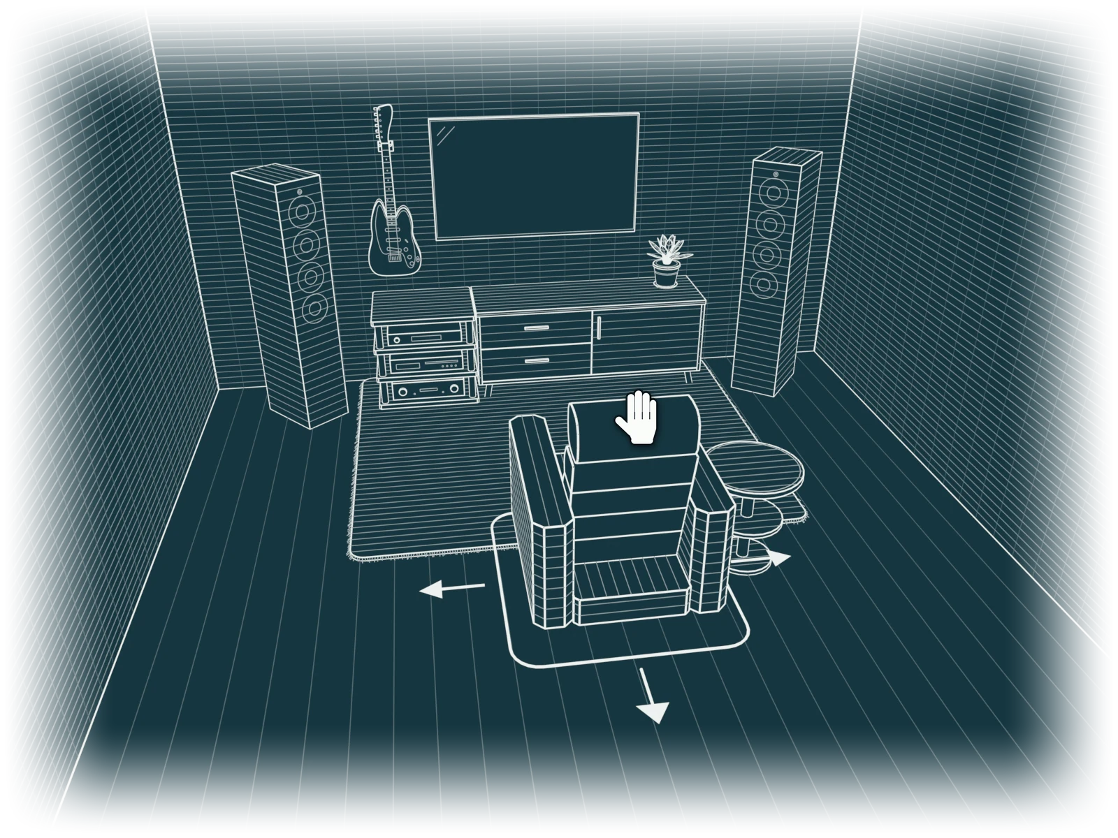 HiFi-Ecke in der 3D-Ansicht von Room Atlas: zwei Standlautsprecher, Rack, Sideboard, Fernseher und ein Sessel