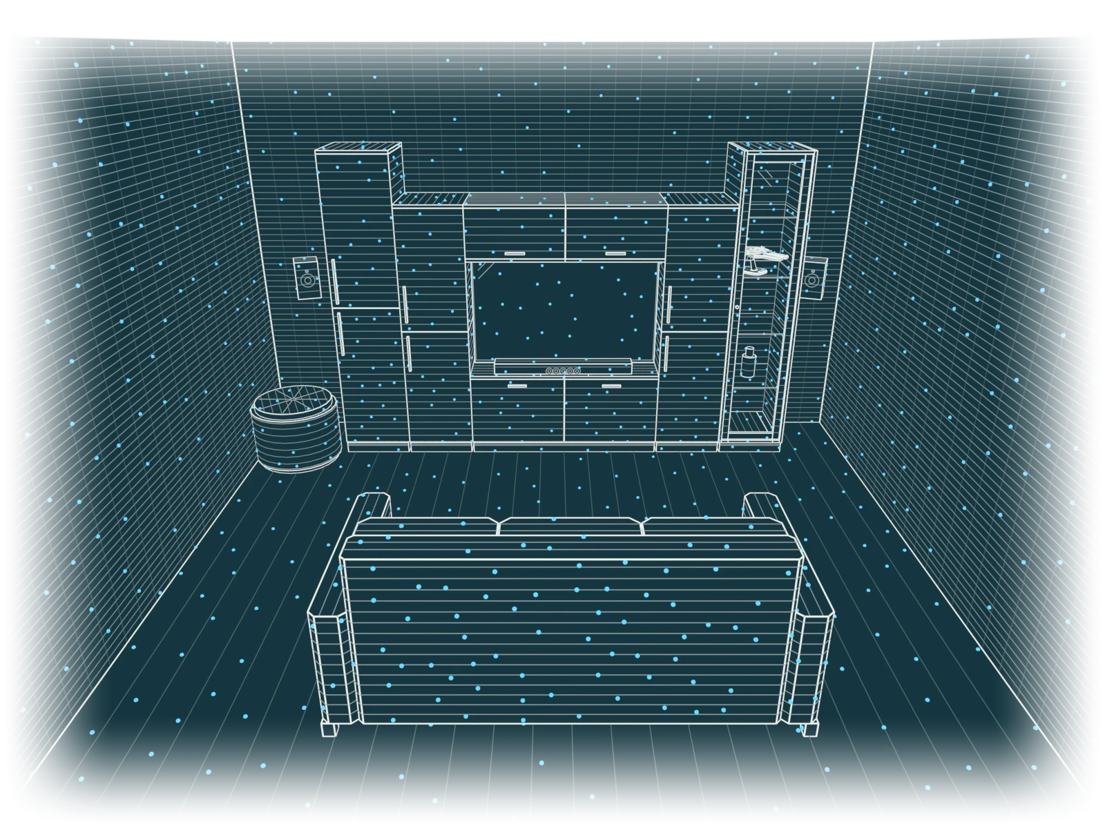 Wohnwand mit Fernseher und Sofa in der 3D-Ansicht, Wände, Boden und Möbel mit blauen Scanpunkten belegt